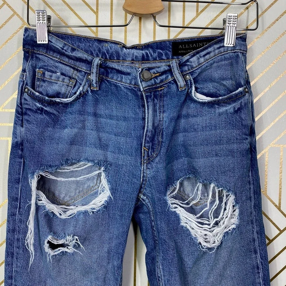 AllSaints‎ AprilJeans Mid-Rise Distressed Ripped Medium Wash Blue Size US 24 - Picture 3 of 12